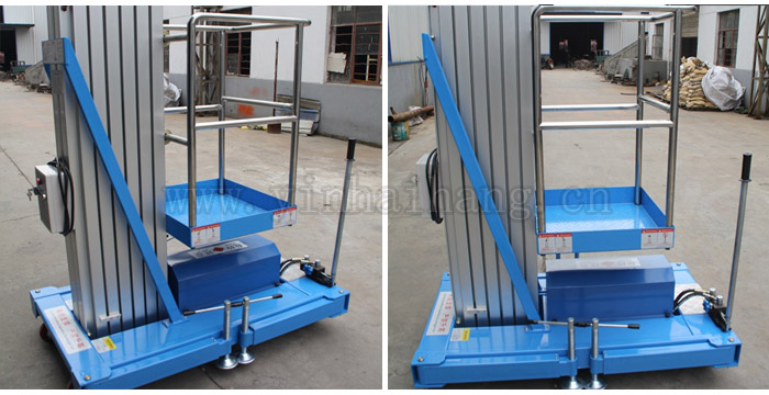 手動電動雙用單桅柱鋁合金升降機 藍色升降平臺